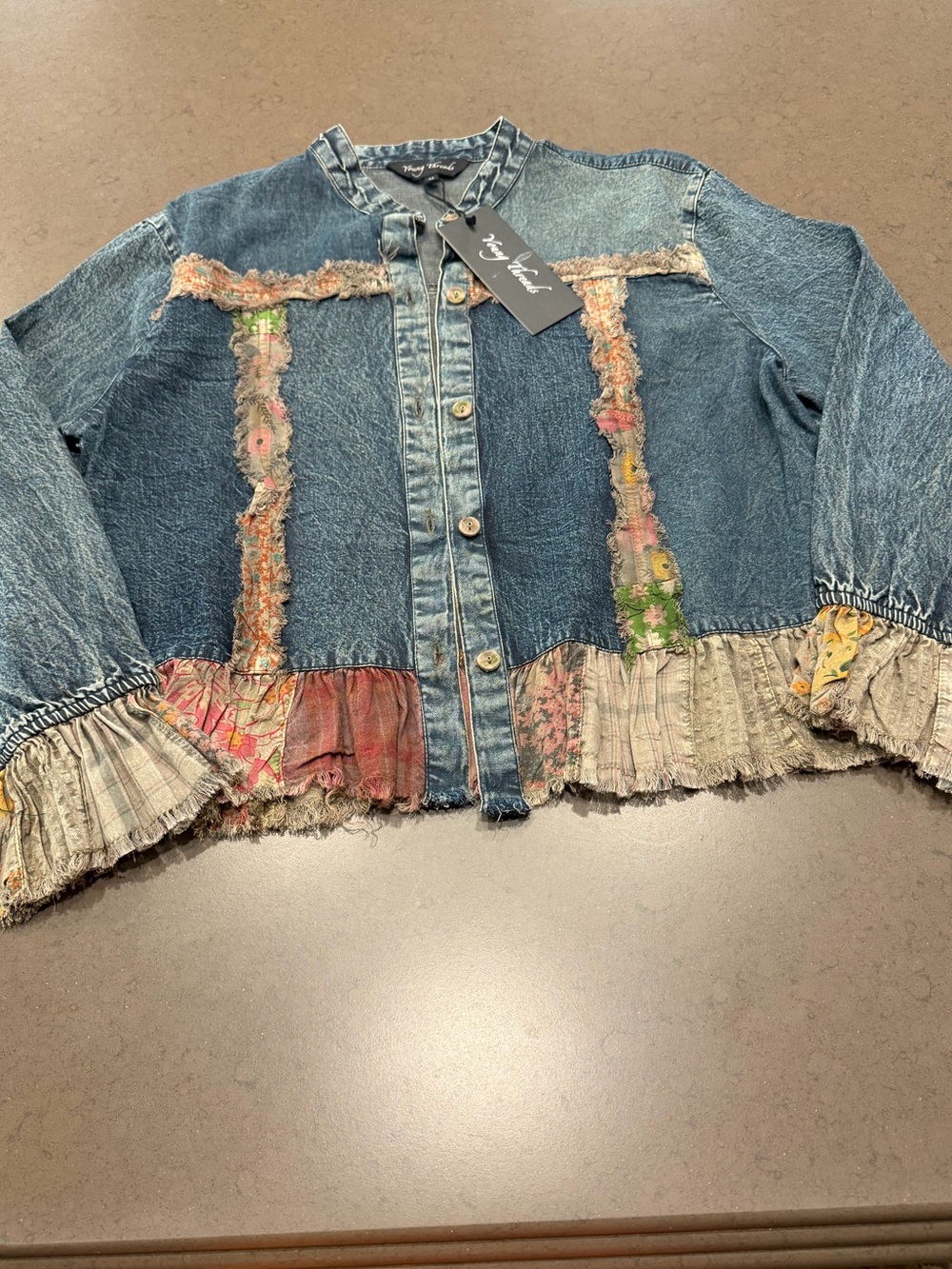 Distressed Blue Denim Jacket with Boho Patchwork Trim Sz: M